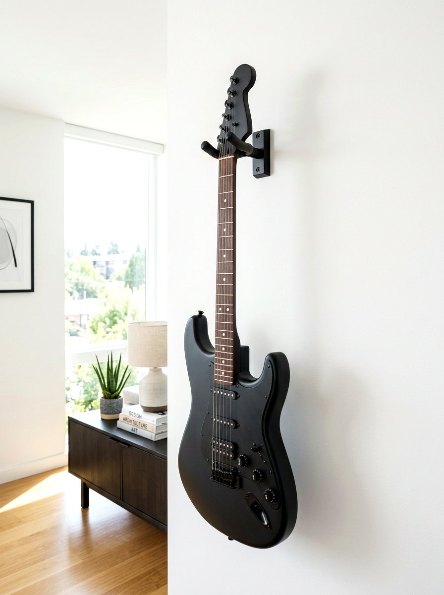 Modern black guitar hanger - 30 guitar wall display ideas