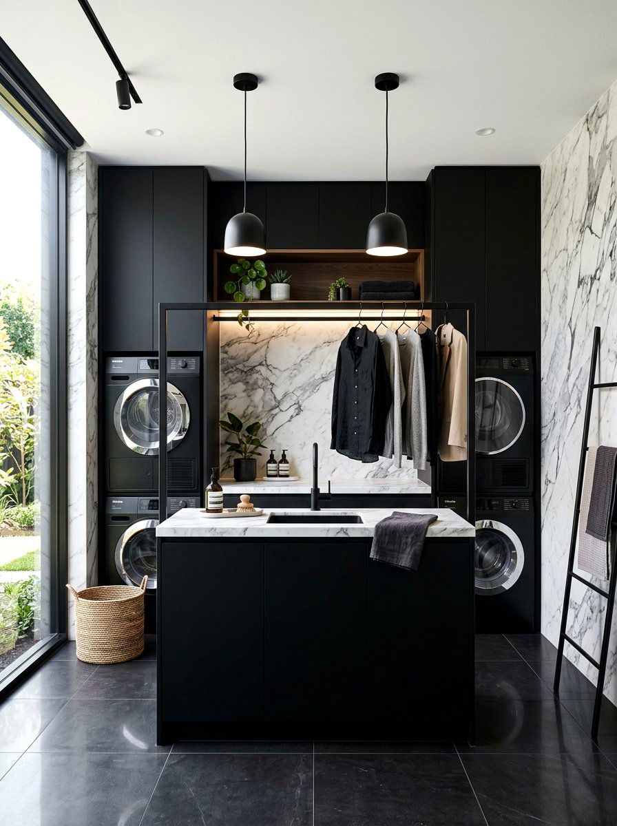 Modern black laundry bar - 30 laundry room hanging rod ideas