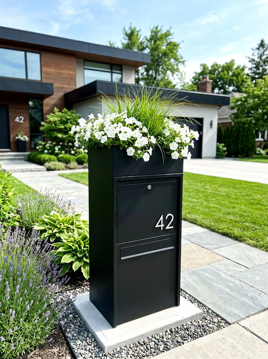 Modern black mailbox planter - 30 mailbox planter box ideas