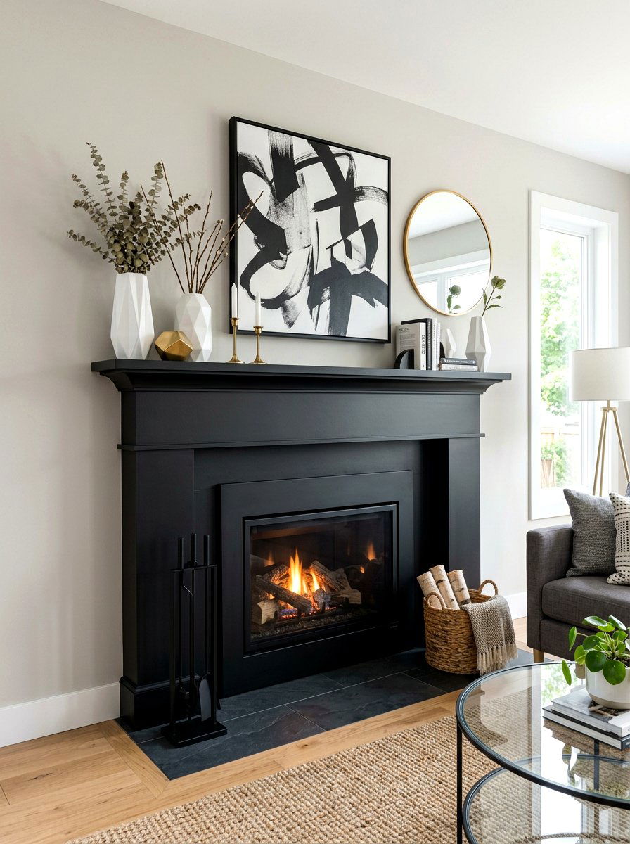 Modern black mantel - 30 mantel decor ideas