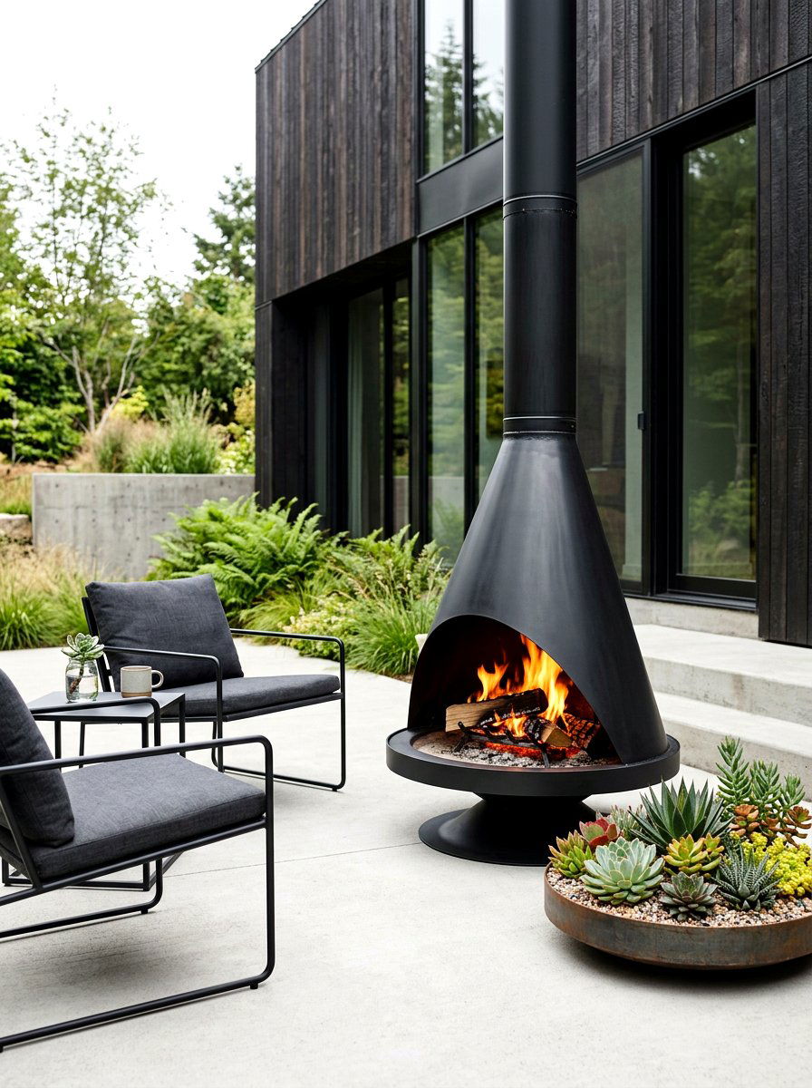 Modern black metal fireplace - 30 patio fireplace lounge ideas