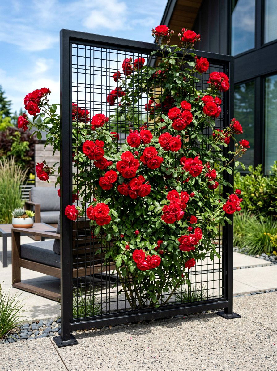 Modern black metal mesh - 30 climbing rose trellis ideas