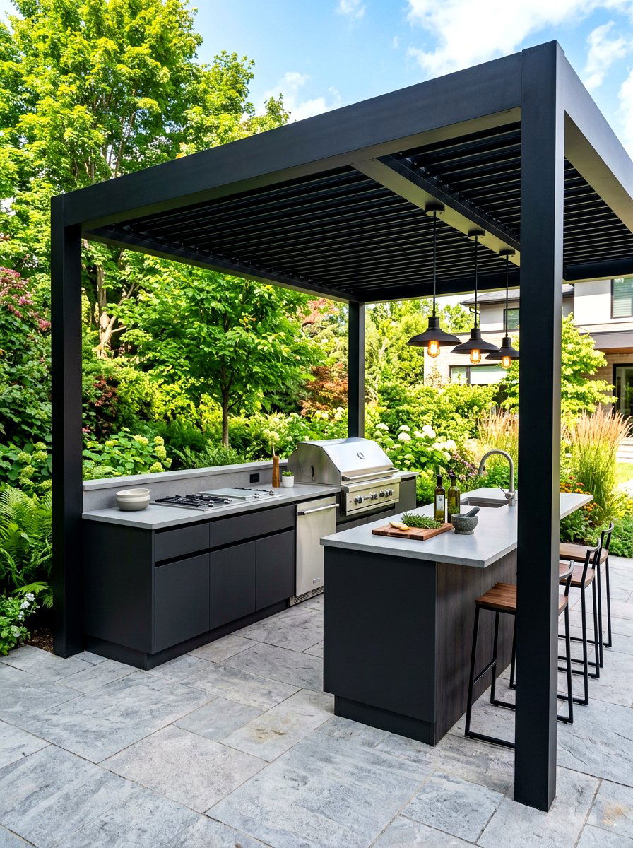 Modern black metal pergola kitchen - 30 pergola with kitchen ideas