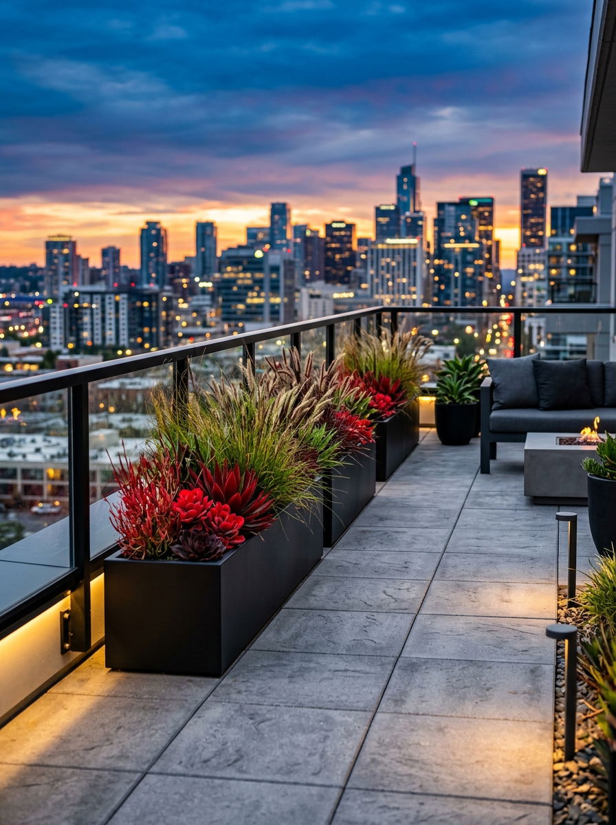 Modern black metal rail planter - 30 railing planter ideas
