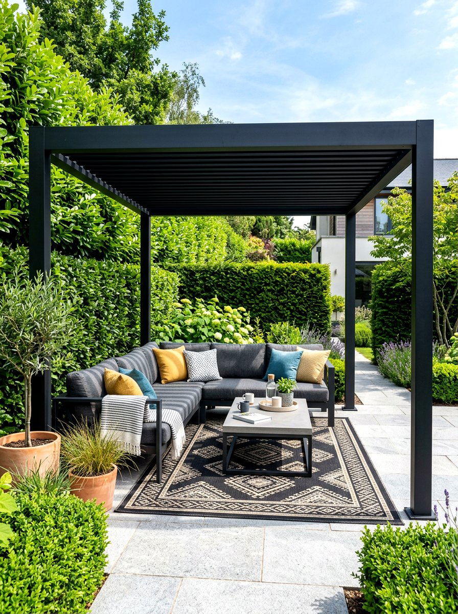 Modern black pergola - 30 pergola lounge area ideas