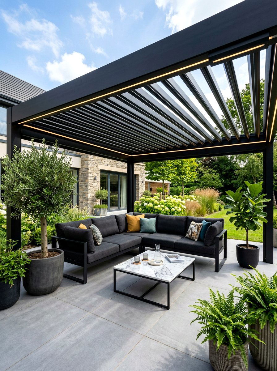 Modern black pergola furniture - 30 open pergola seating ideas