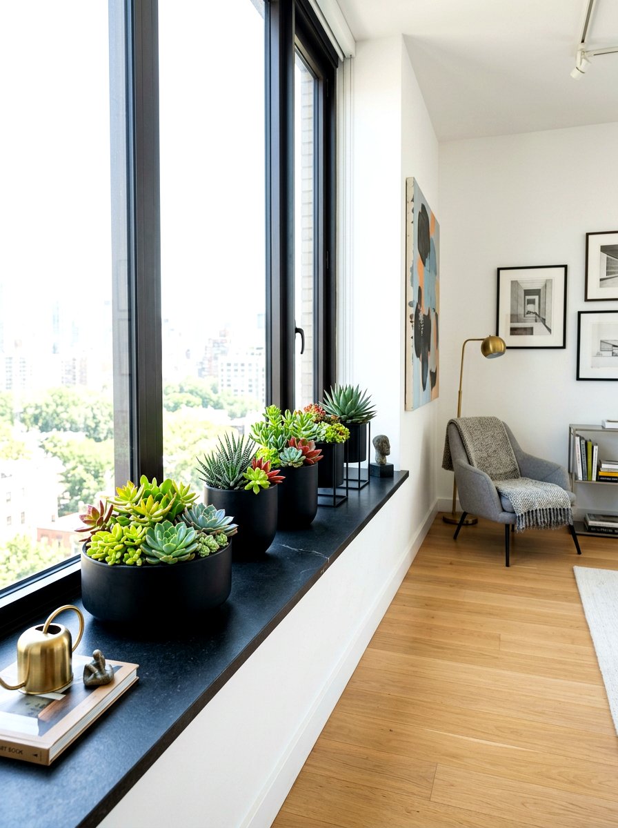Modern black planters - 30 succulent windowsill ideas