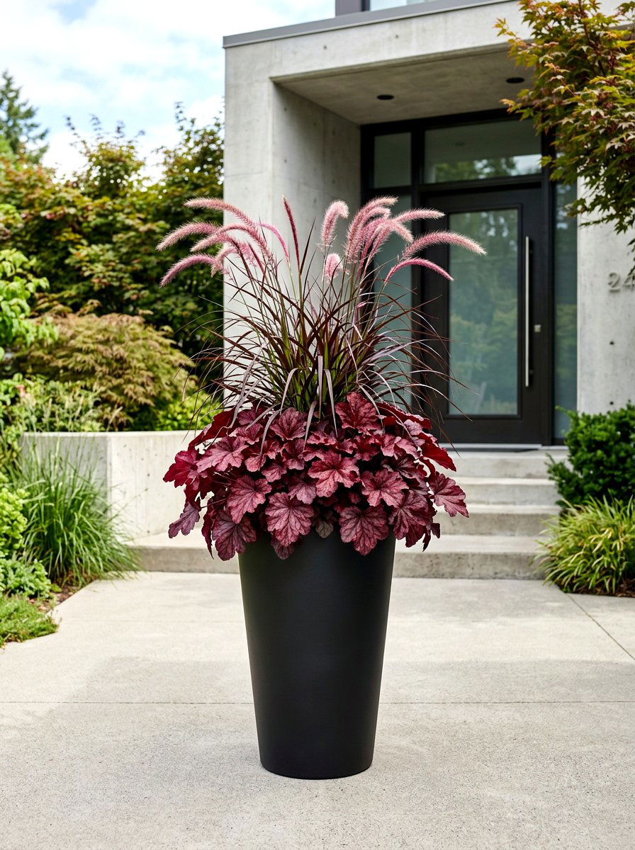 Modern black pot with burgundy foliage - 30 autumn planter ideas