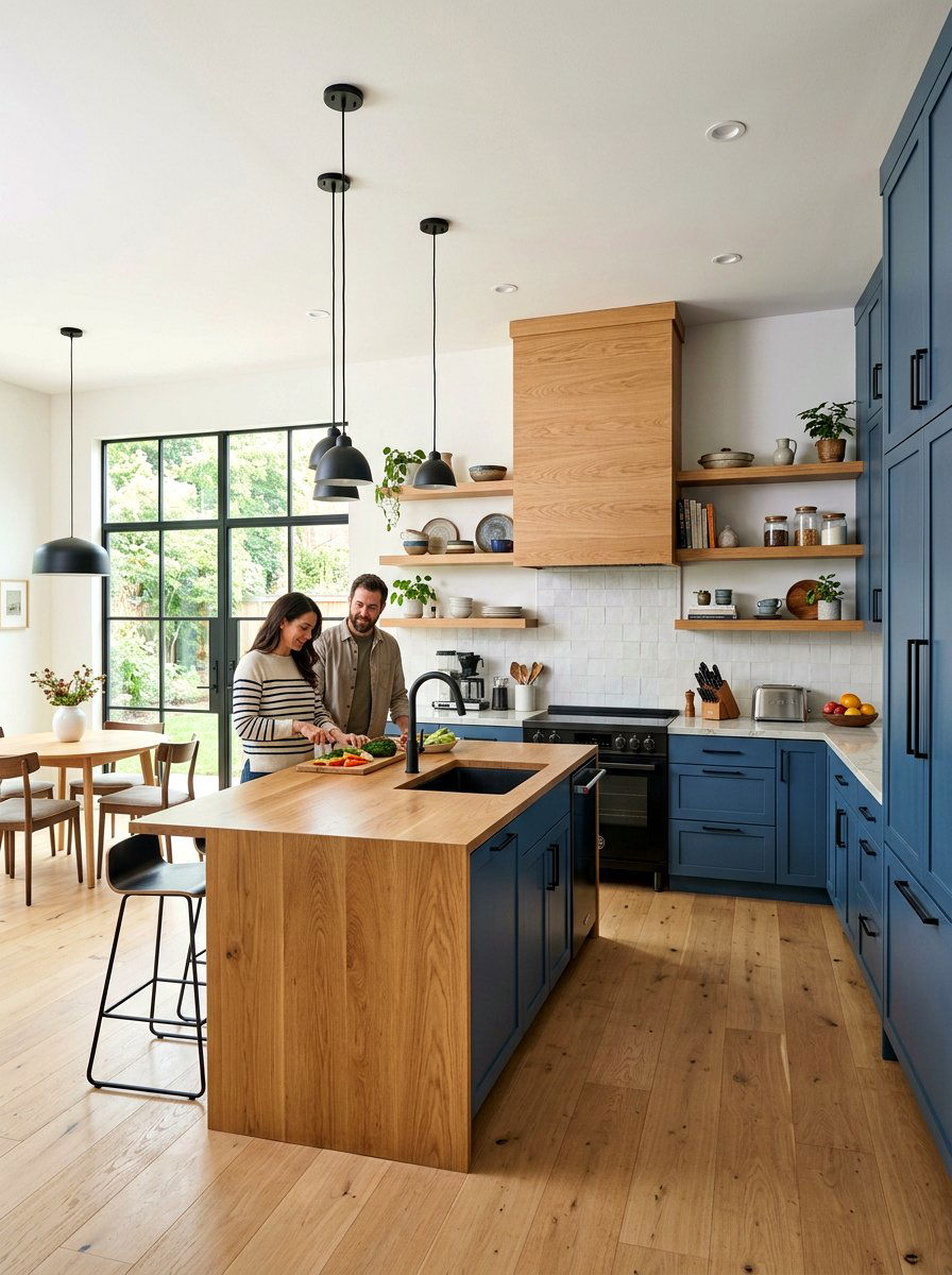 Modern blue kitchen with wood accents - 30 denim blue kitchen ideas