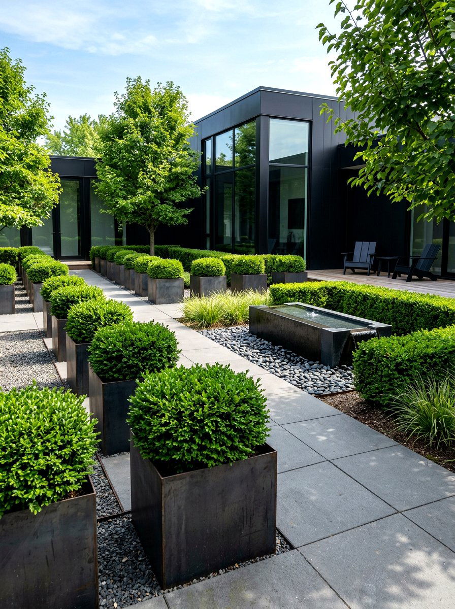 Modern boxwood courtyard - 30 boxwood front yard ideas