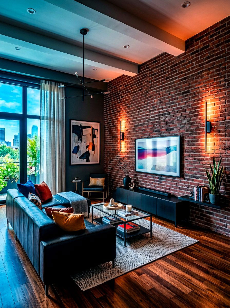 Modern brick accent wall - 30 exposed brick living room ideas