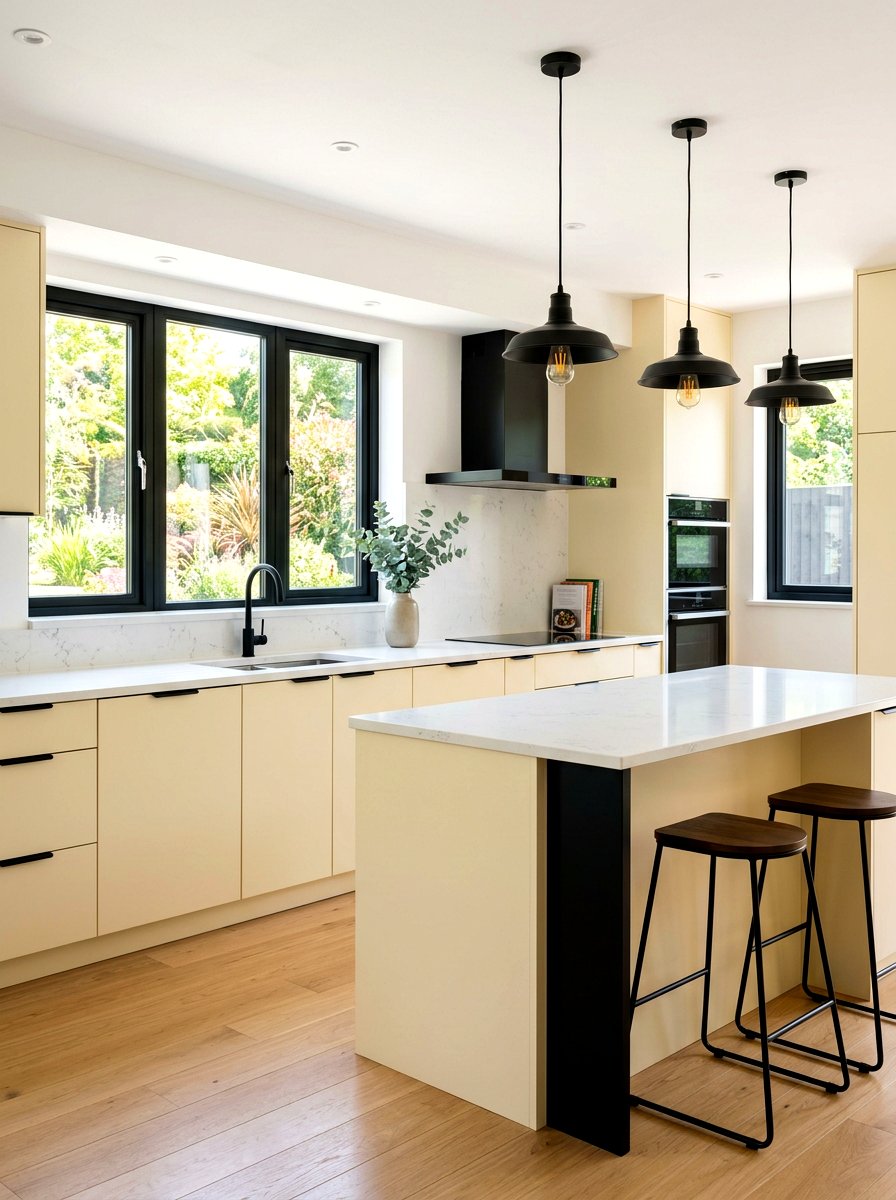 Modern buttercream kitchen black accents - 30 buttercream kitchen ideas