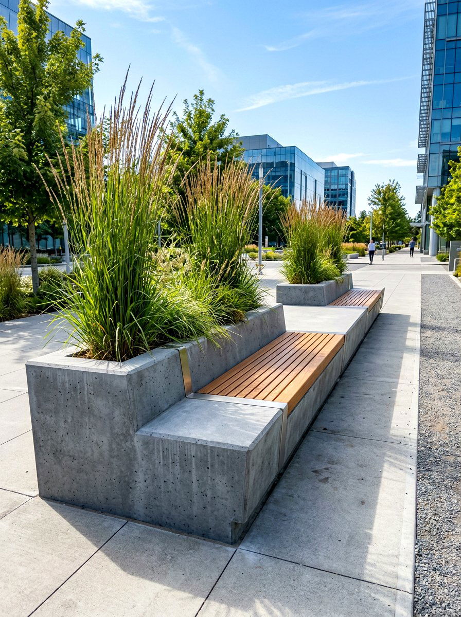 Modern concrete bench - 30 front porch seating ideas
