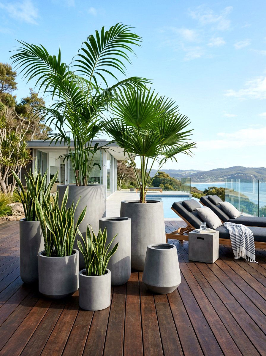 Modern concrete deck pots - 30 deck planter ideas