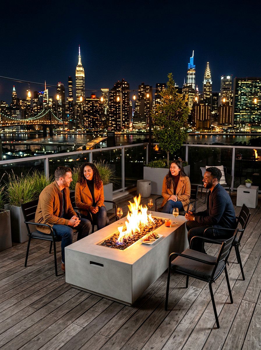 Modern concrete fire table - 30 gas fire lounge patio ideas