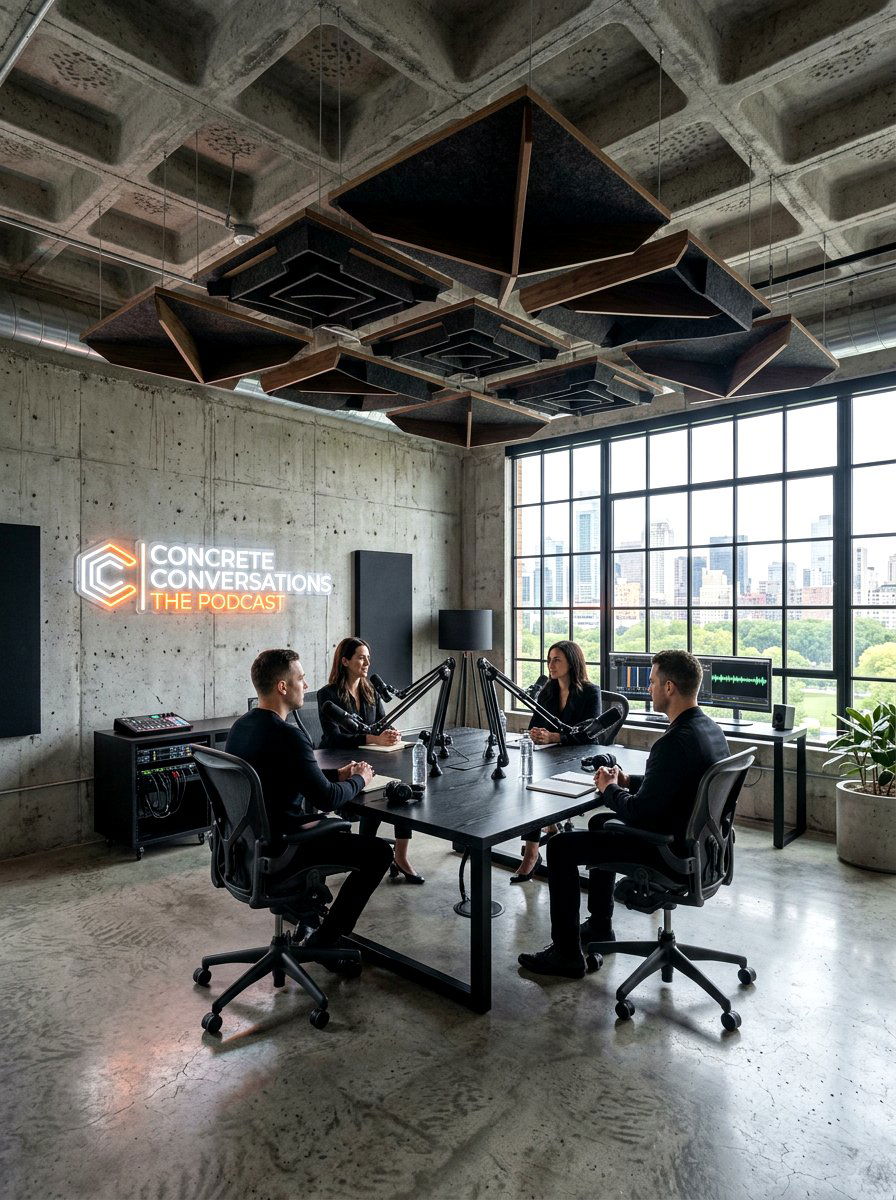 Modern concrete podcast space - 30 podcast room ideas