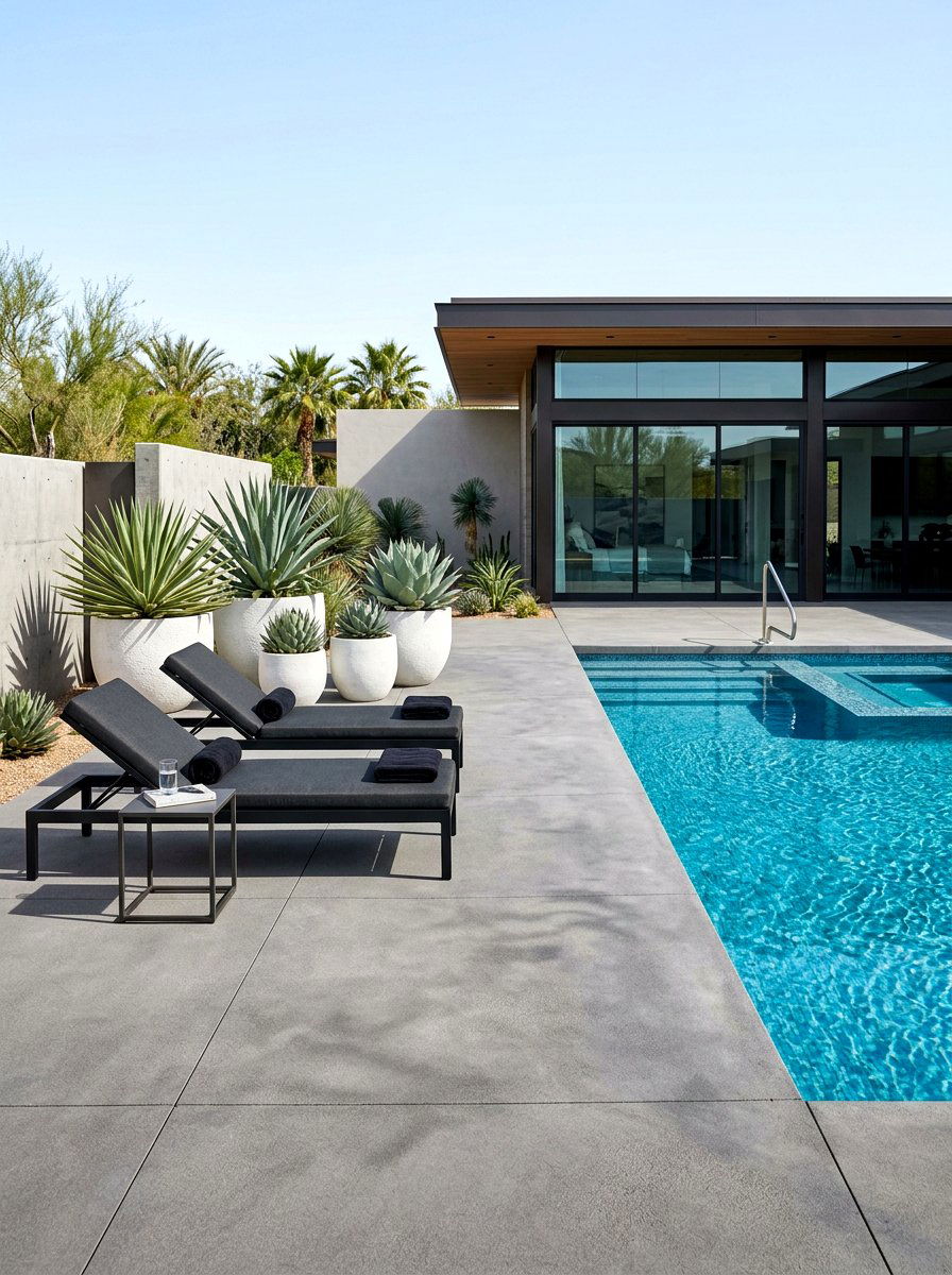 Modern concrete pool deck - 30 small poolside patio ideas