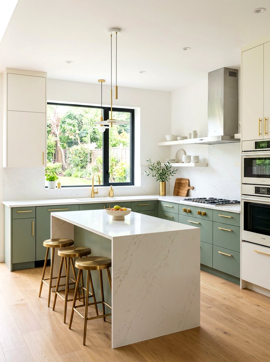 Modern cream and sage kitchen with gold hardware - 30 cream and sage kitchen ideas
