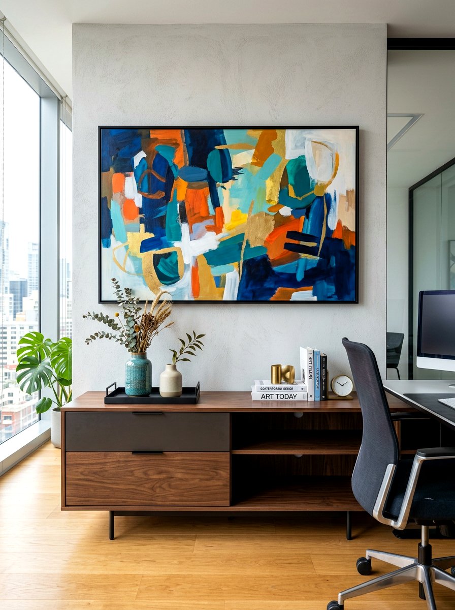 Modern credenza with art - 30 office credenza styling ideas