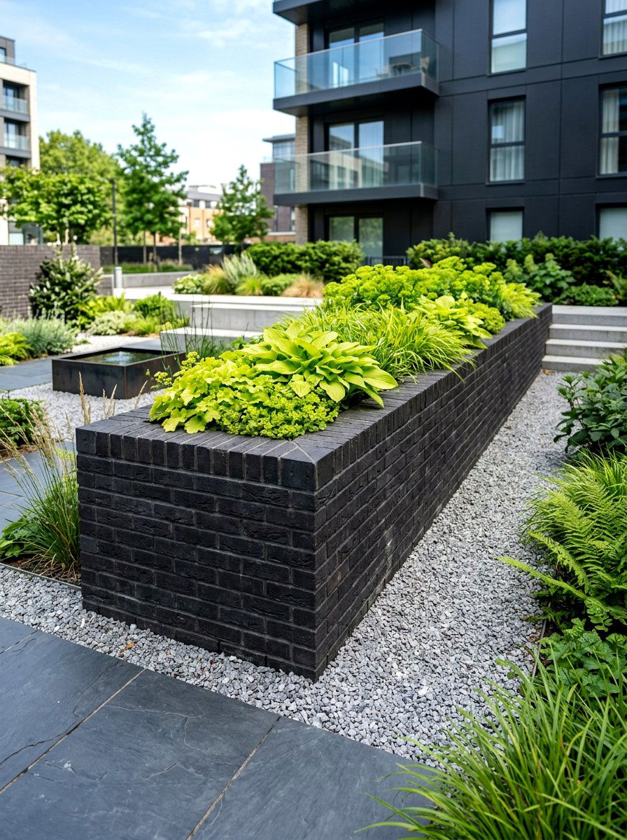Modern dark brick planter - 30 brick raised bed ideas