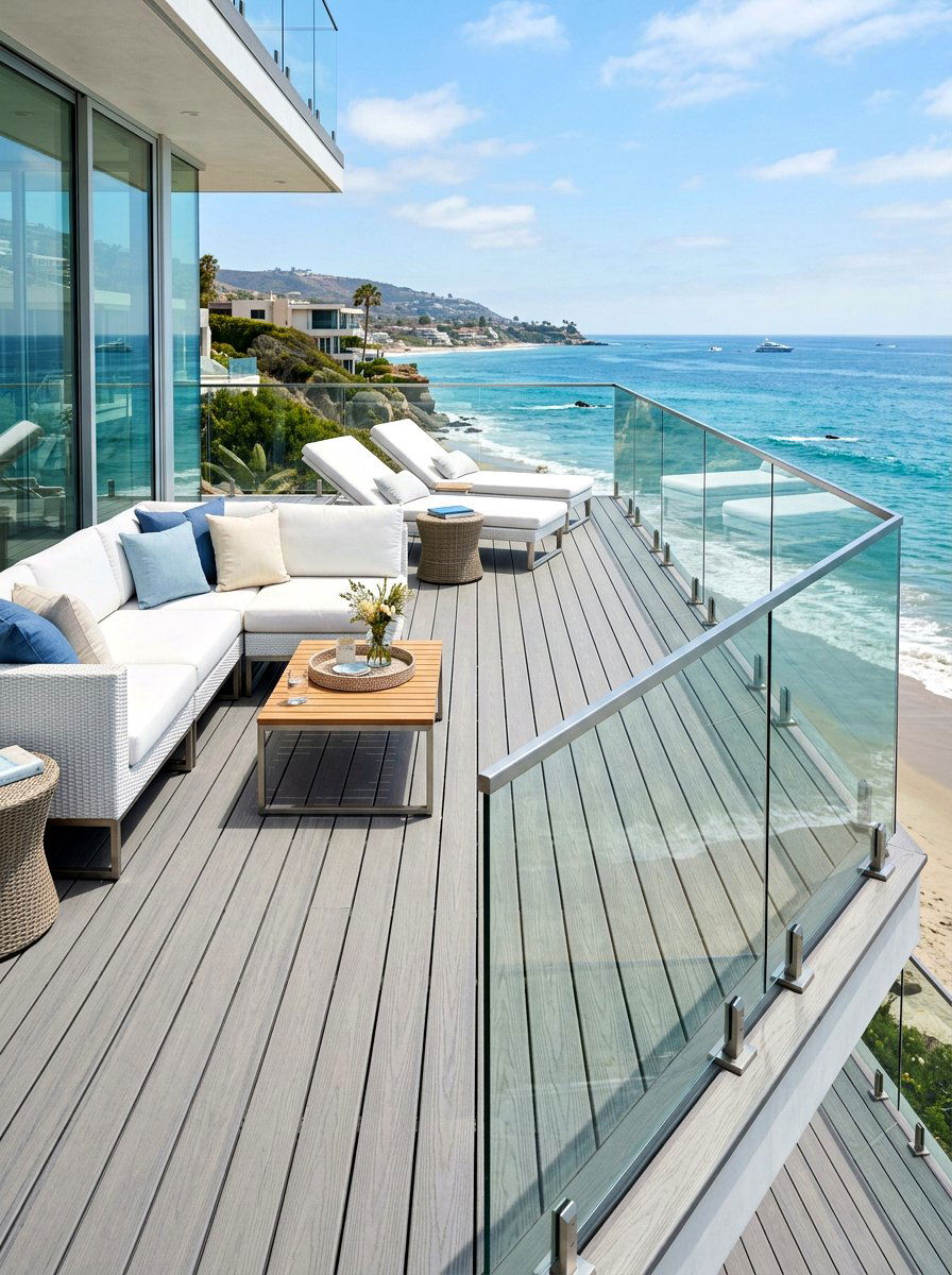 Modern deck with glass railings - 30 coastal exterior ideas