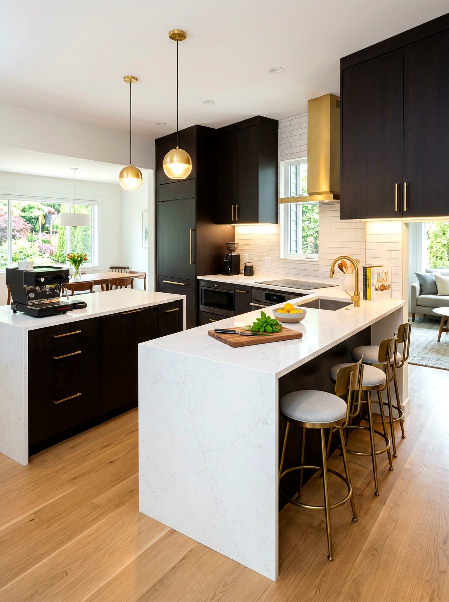 Modern espresso kitchen with gold hardware - 30 espresso kitchen ideas
