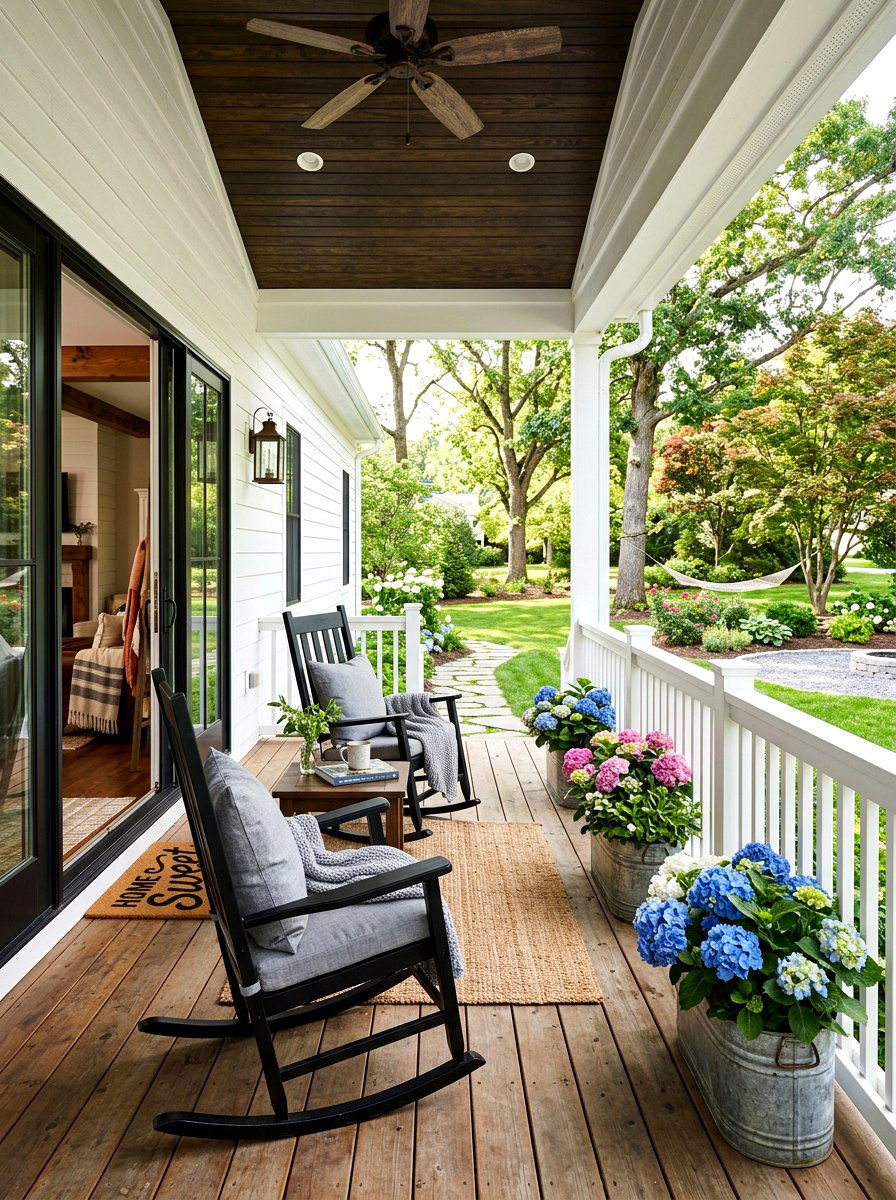 Modern farmhouse backyard porch - 30 neutral backyard styling ideas