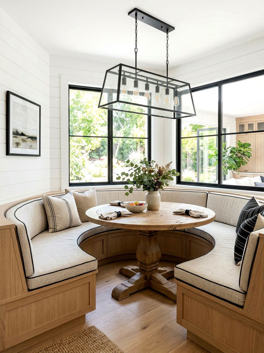 Modern farmhouse curved bench - 30 curved banquette dining ideas