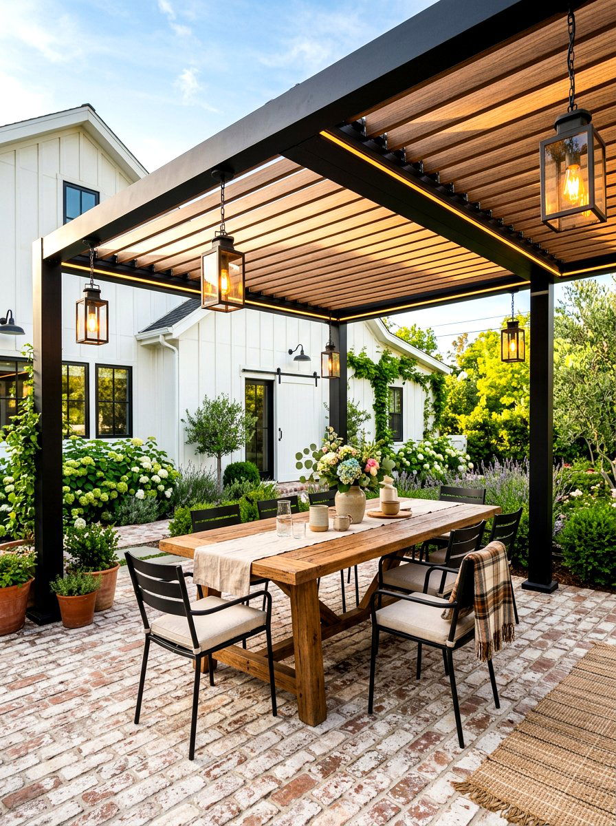 Modern farmhouse louvered pergola - 30 louvered pergola ideas