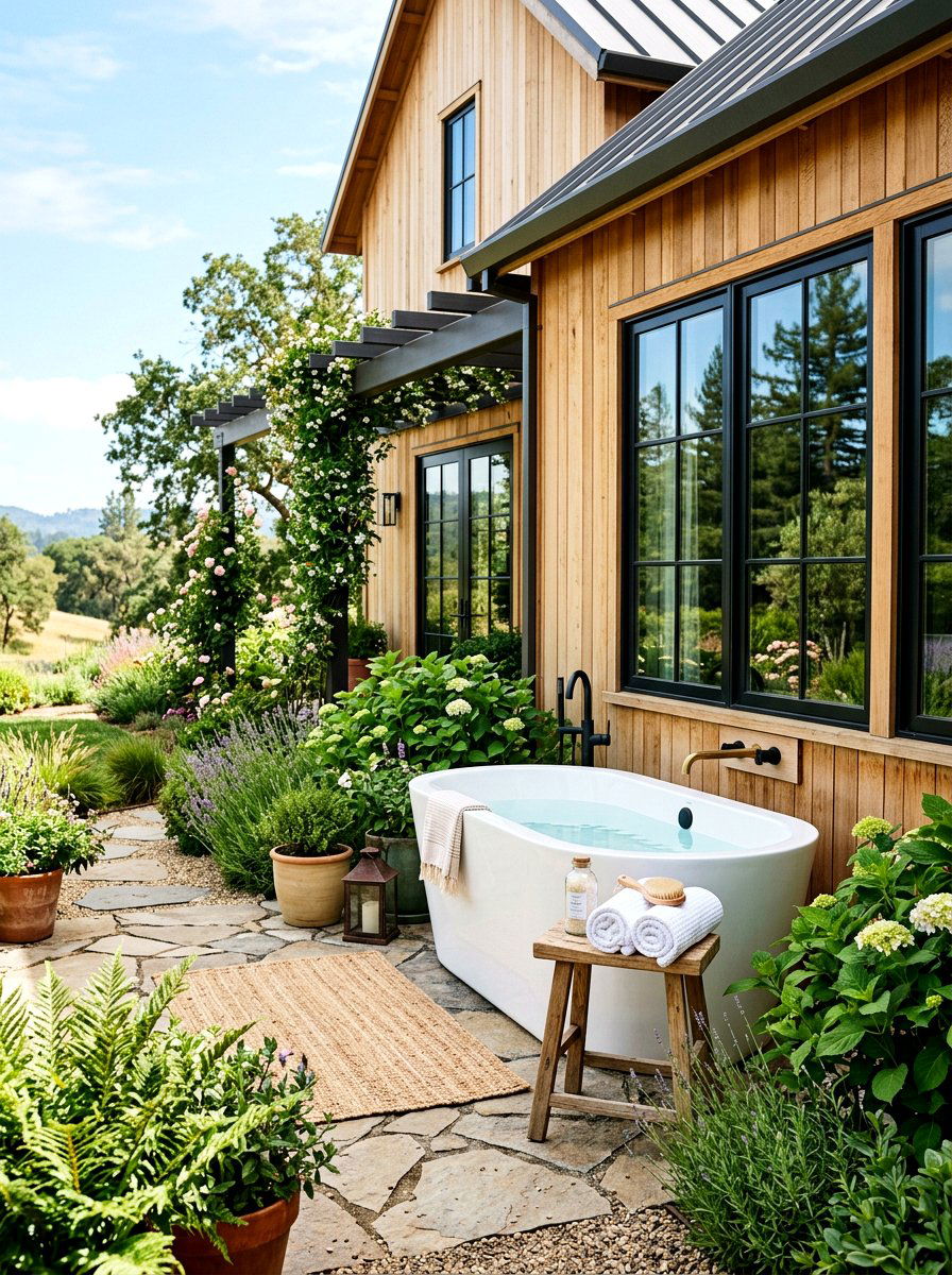 Modern farmhouse outdoor tub - 30 outdoor bath ideas