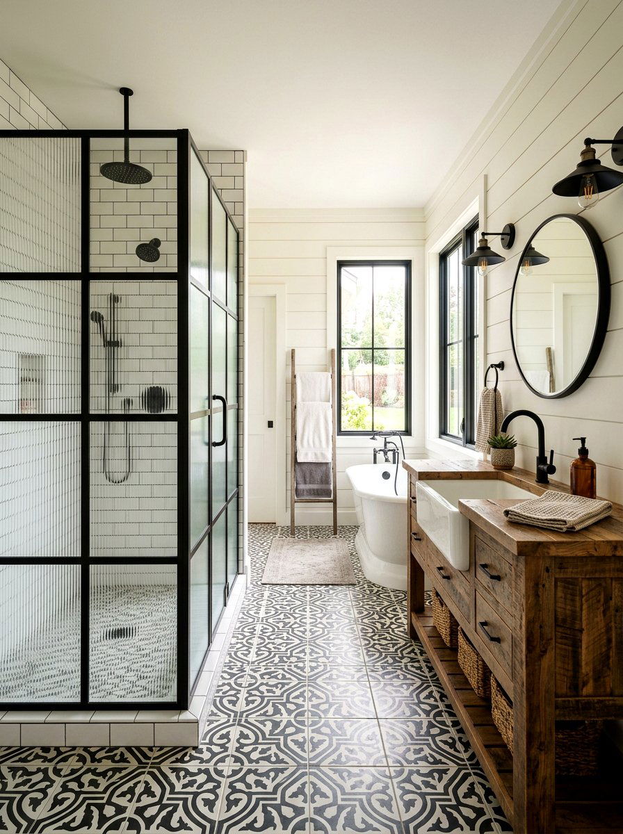Modern farmhouse ribbed glass shower - 30 ribbed glass shower ideas