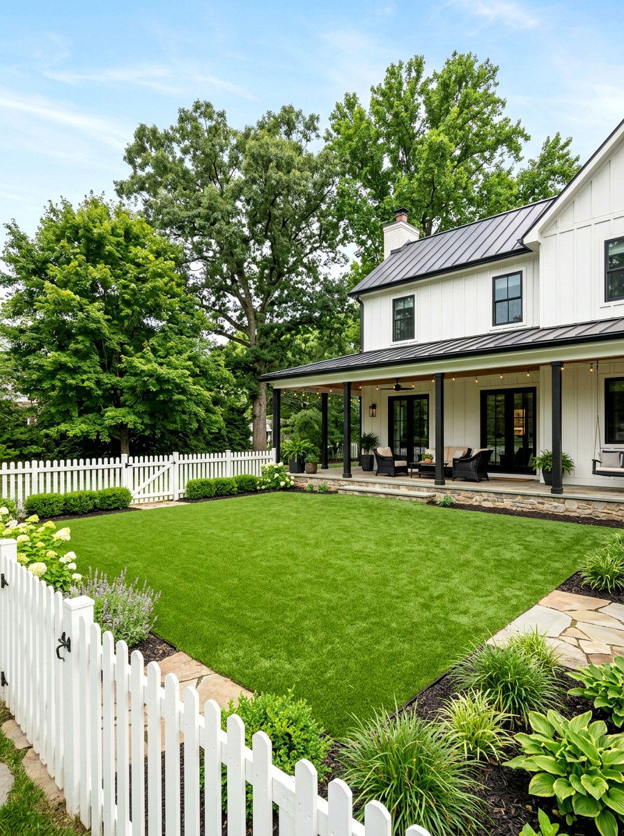 Modern farmhouse turf lawn - 30 artificial turf backyard ideas