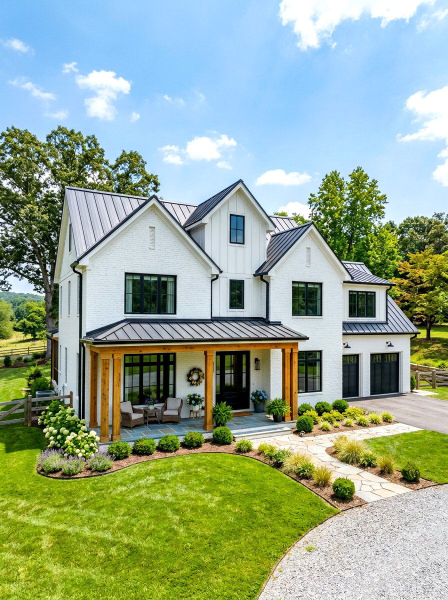 Modern farmhouse white brick house - 30 painted brick house ideas