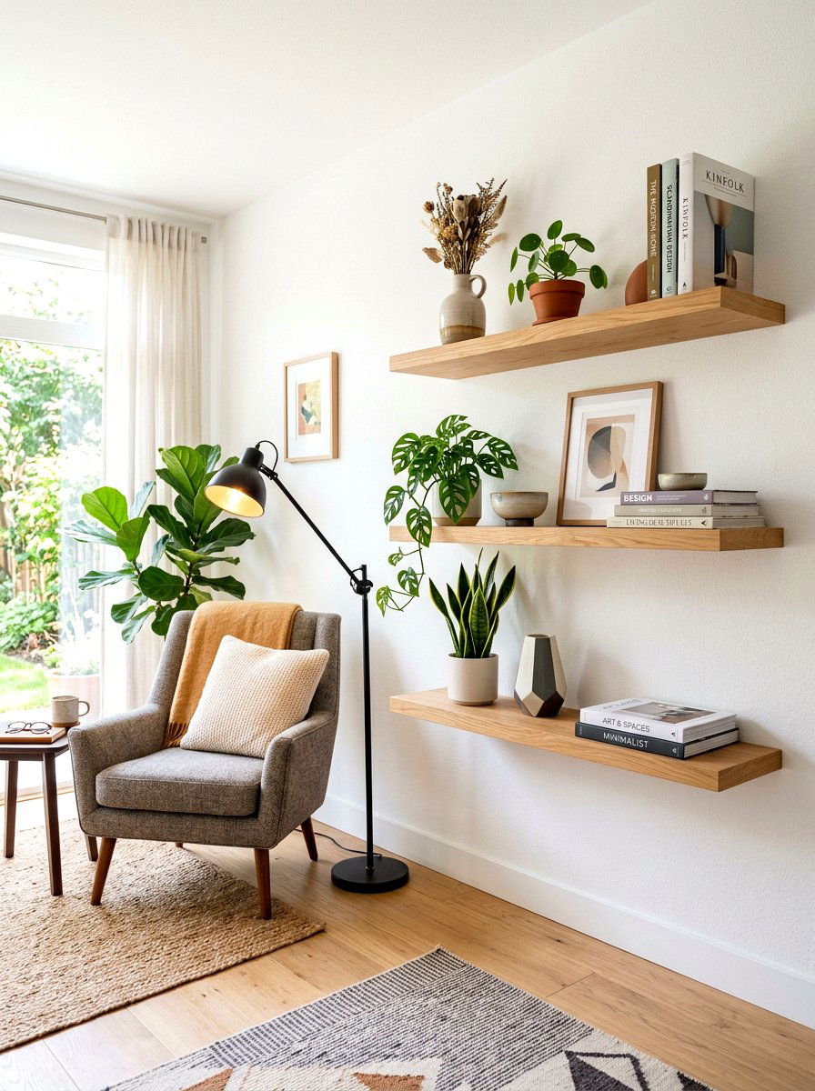 Modern floating shelves - 30 living room wall decor ideas