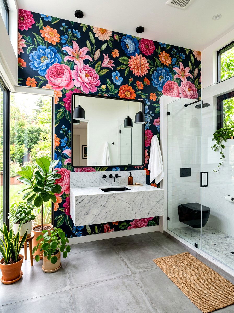 Modern floral bathroom - 30 garden print wallpaper ideas
