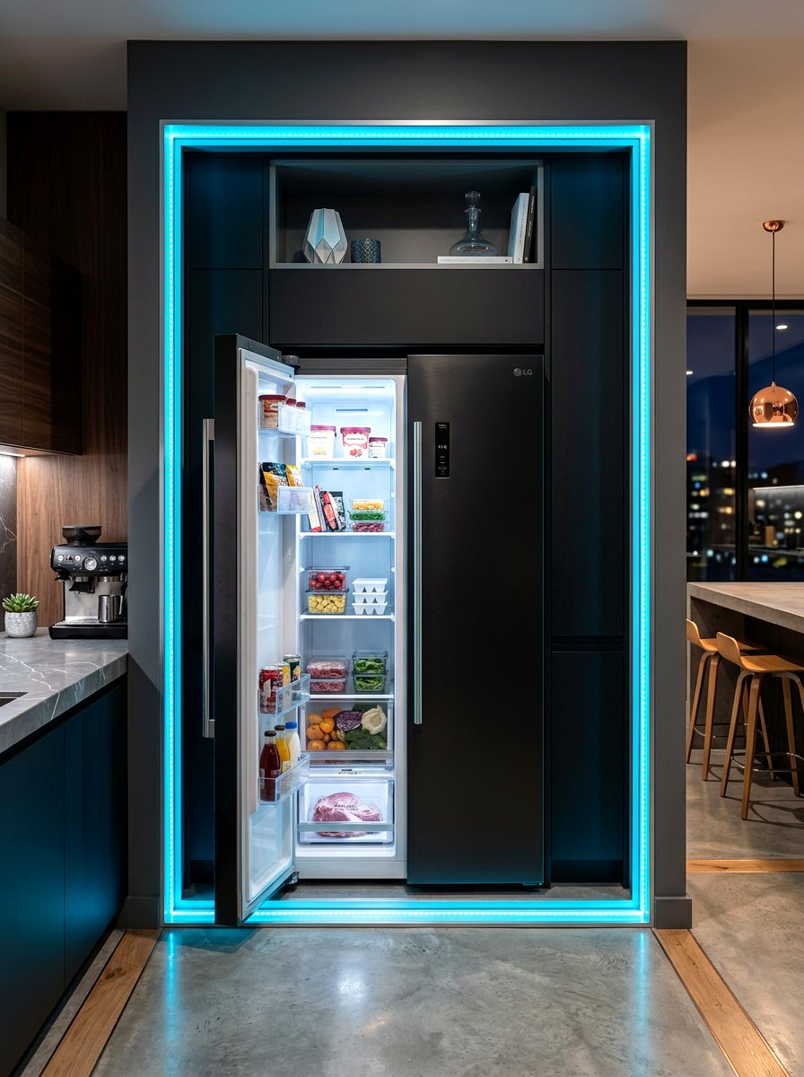 Modern freezer nook with led strips - 30 garage freezer corner ideas