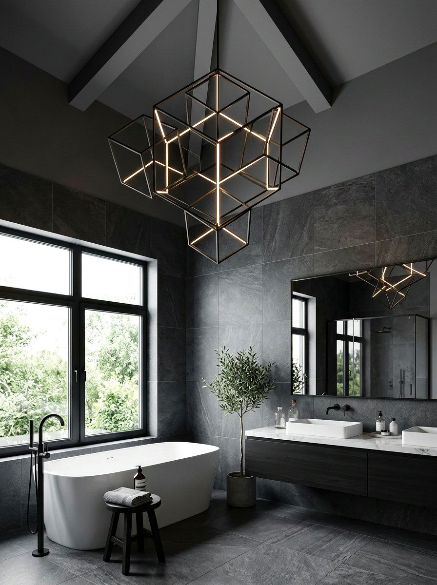 Modern geometric chandelier - 30 moody bathroom lamp ideas