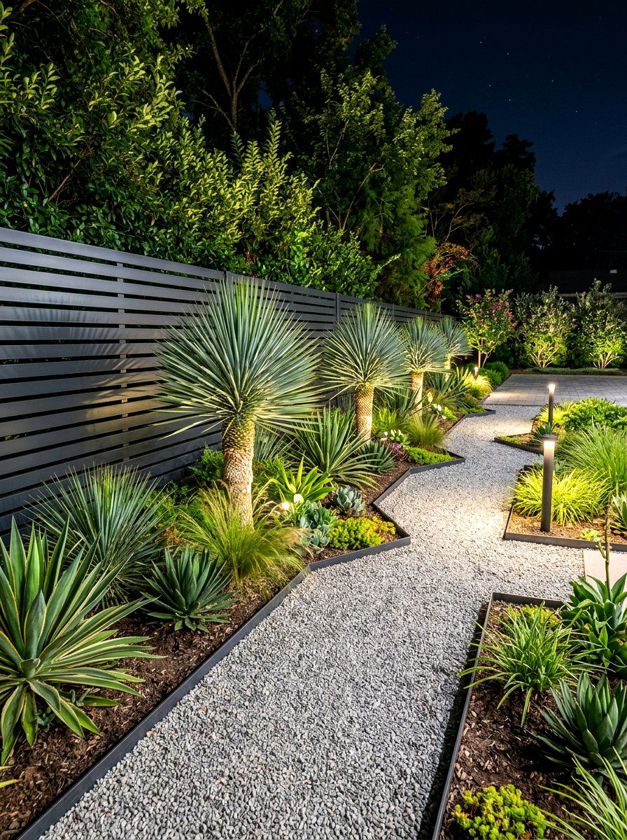 Modern geometric gravel border - 30 border planting ideas along fence