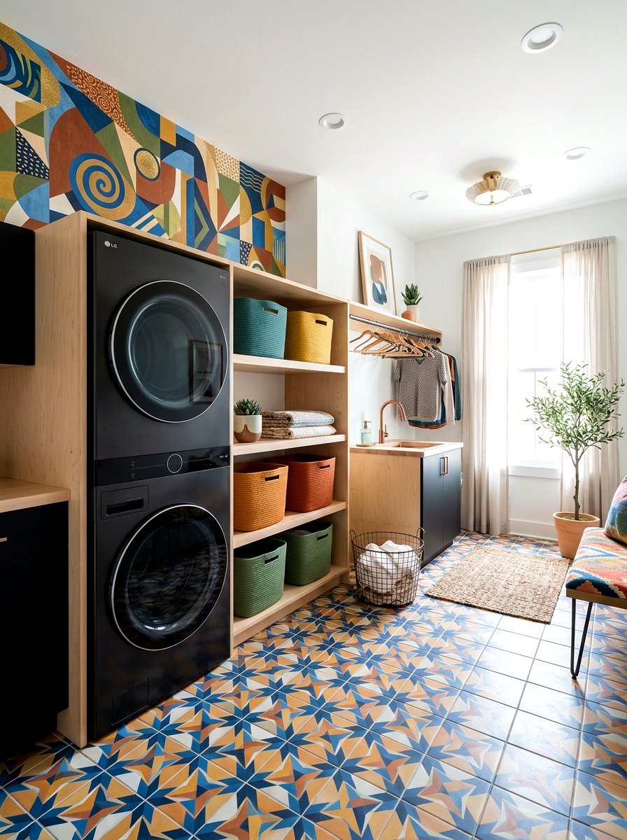 Modern geometric laundry tile - 30 laundry room backsplash ideas