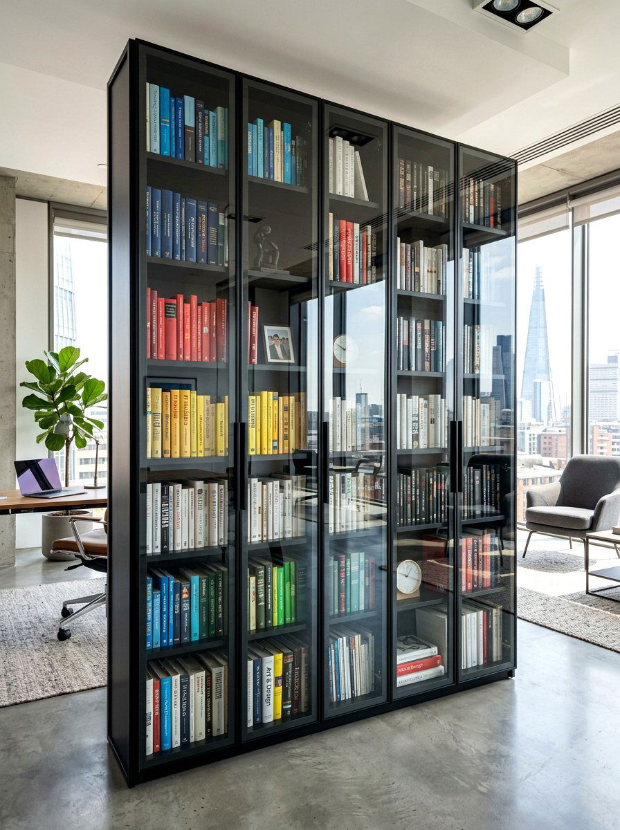 Modern glass door bookcase - 30 office bookshelf styling ideas