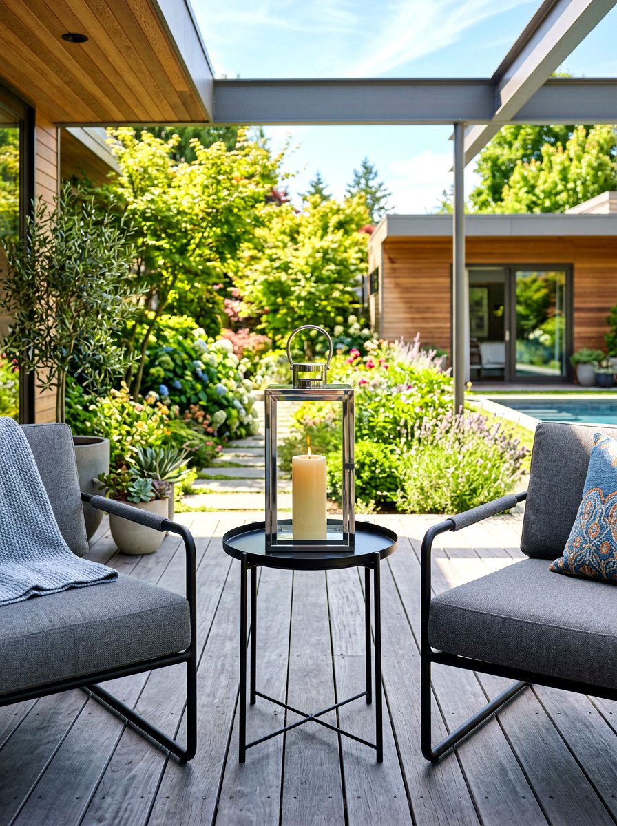 Modern glass lantern on side table - 30 porch lantern styling ideas