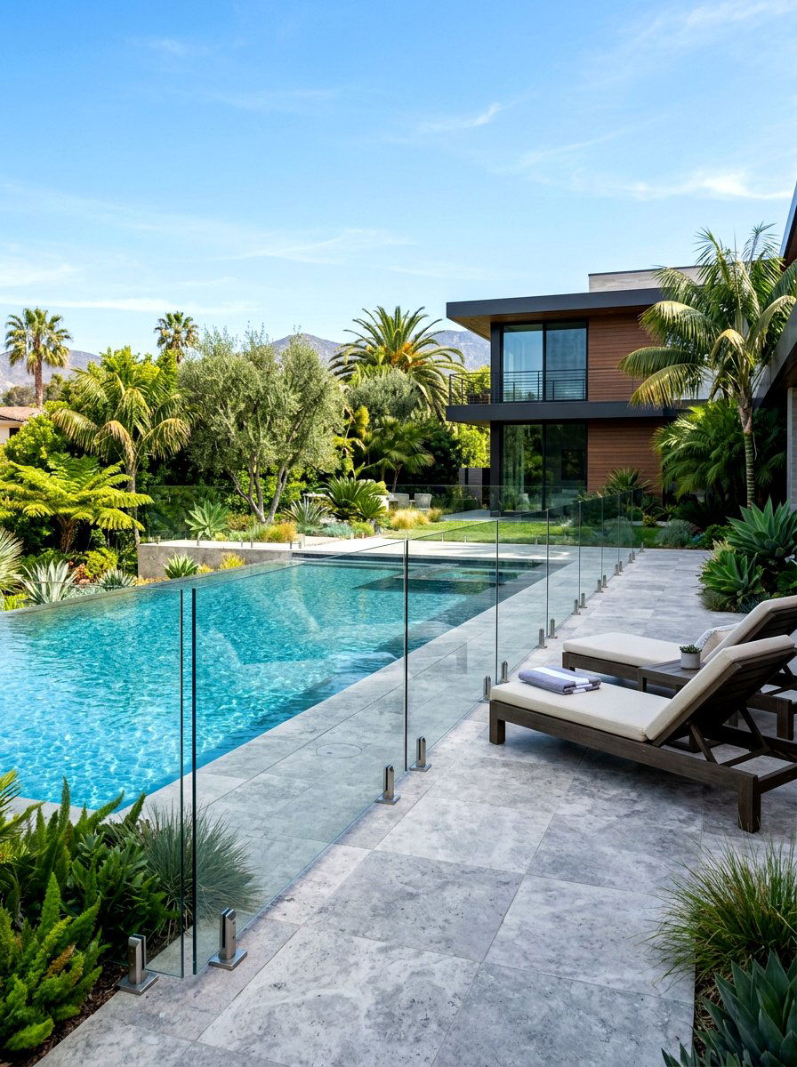 Modern glass pool fencing - 30 small poolside patio ideas