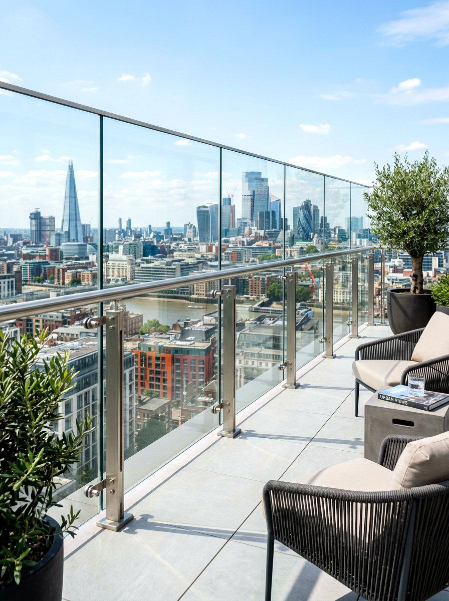 Modern glass railing - 30 city terrace decor ideas