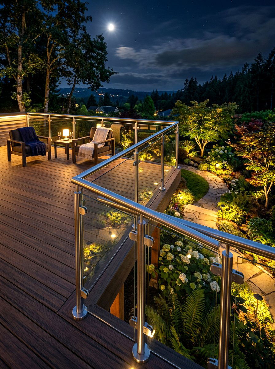 Modern glass railing - 30 moonlight backyard ideas