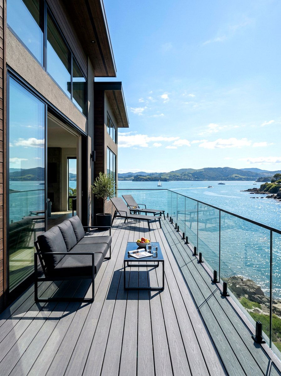 Modern glass railing porch - 30 lake house porch ideas