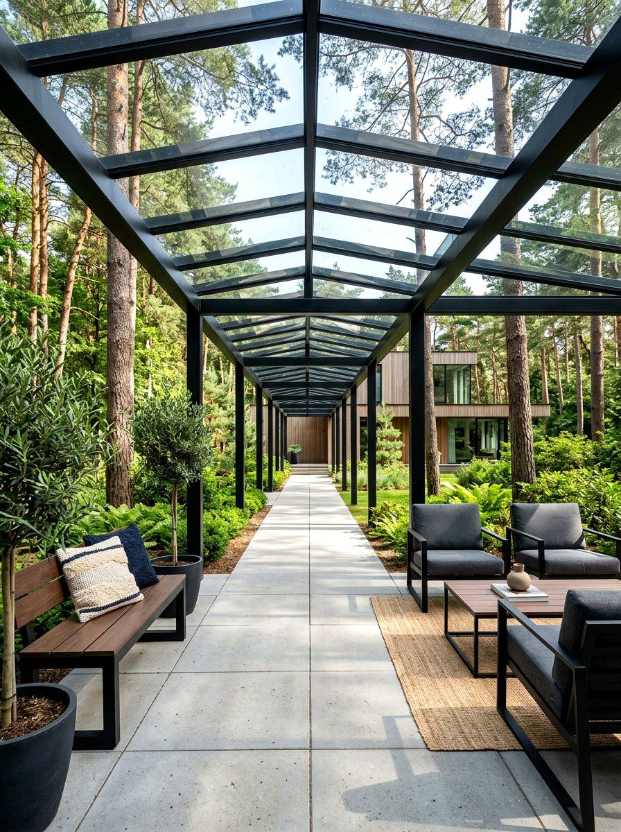 Modern glass roof pergola path - 30 pergola walkway ideas