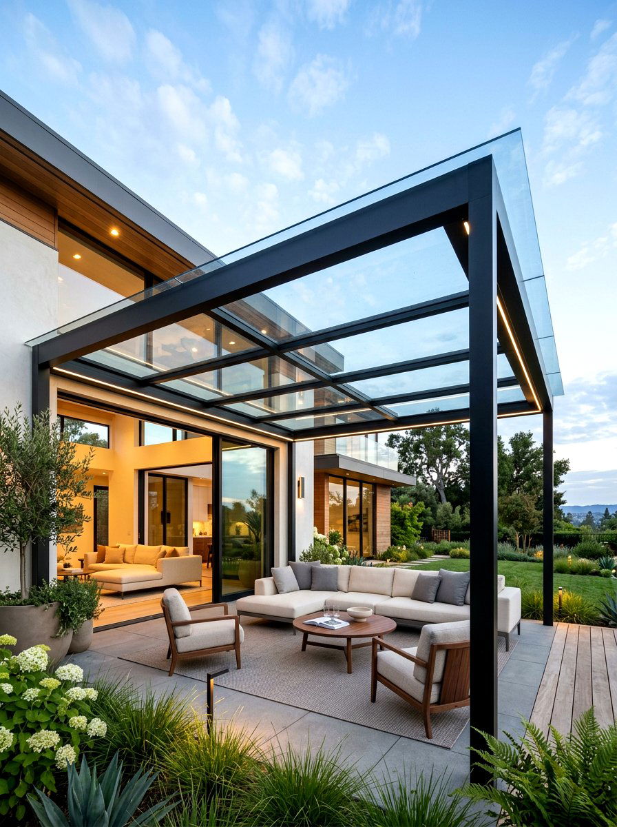 Modern glass roof pergola - 30 pergola lounge area ideas