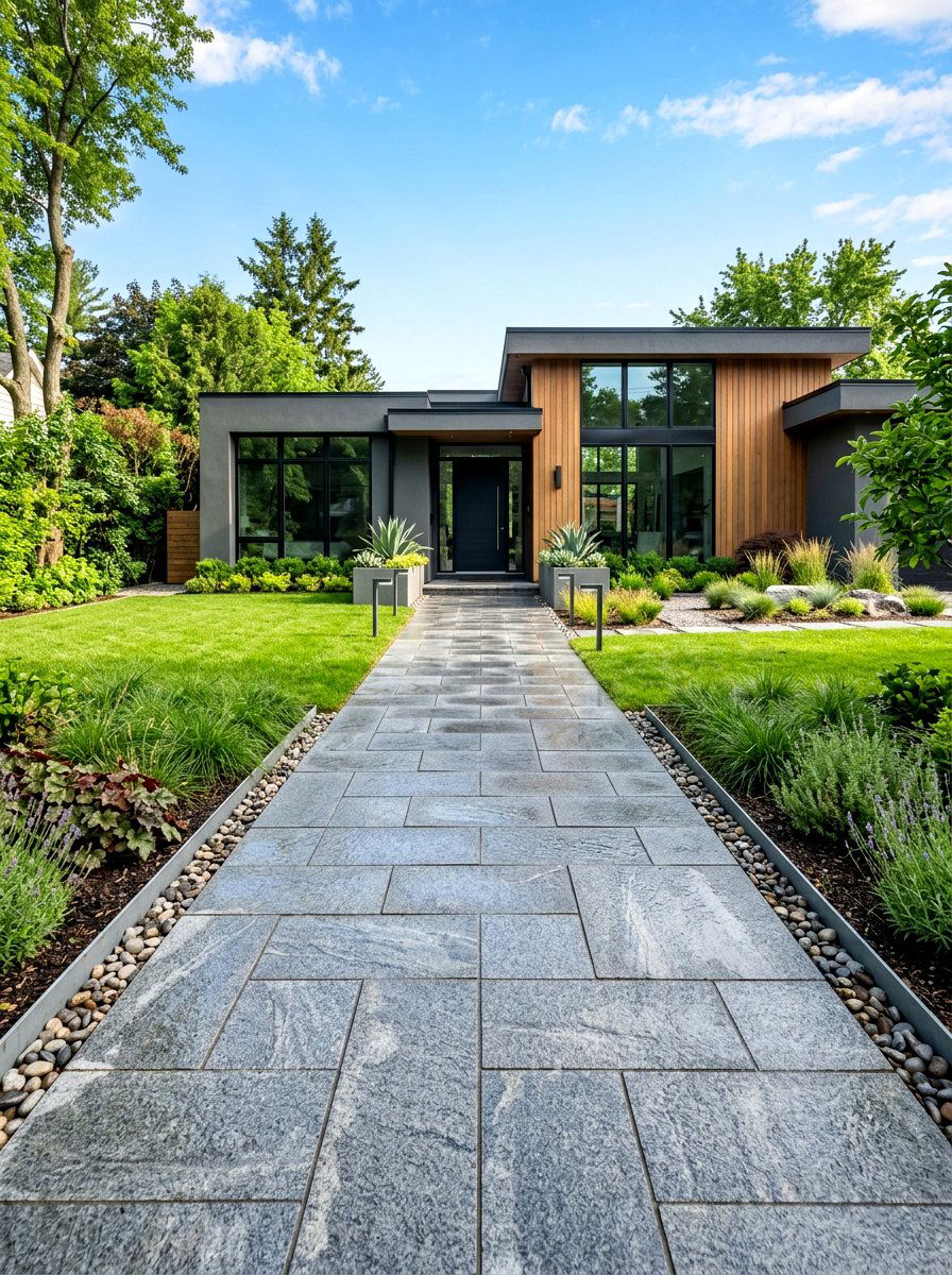 Modern granite paver walkway - 30 stone edging front yard ideas