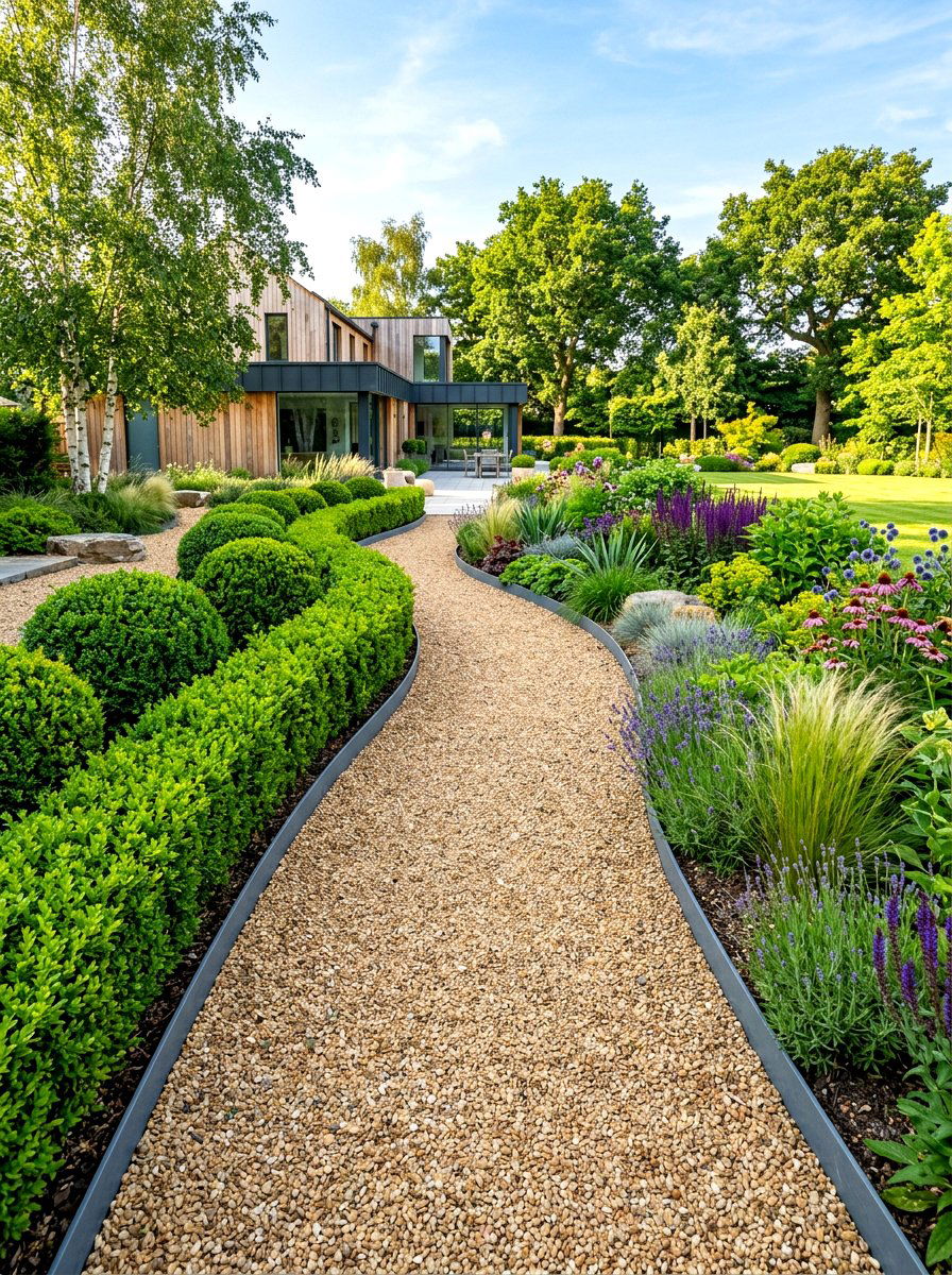 Modern gravel garden path - 30 warm minimalist garden ideas