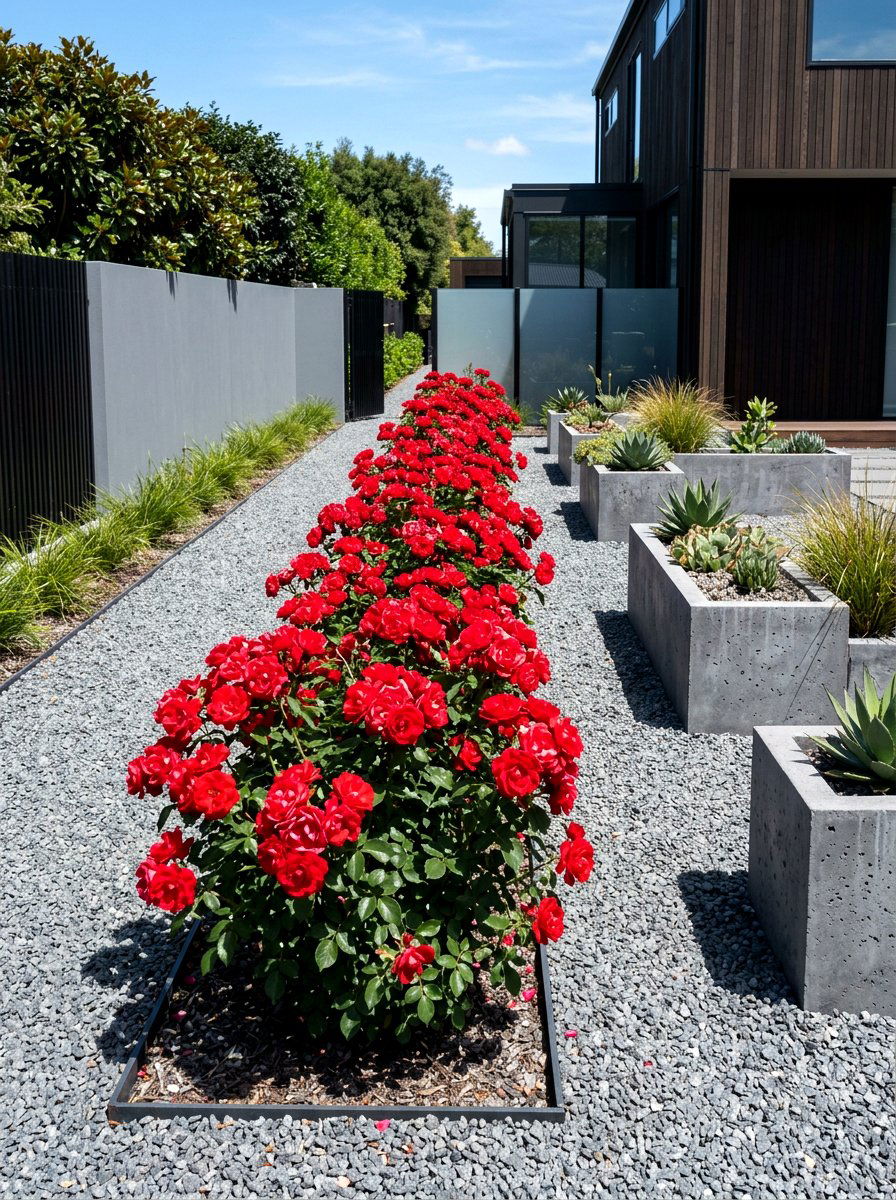 Modern gravel garden roses - 30 rose hedge ideas